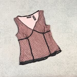 vintage y2k black/pink polka dot babydoll vneck tank top mesh axcess XL
